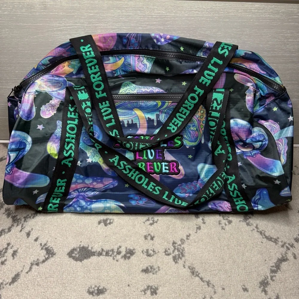 ALF Have a Nice Trip Trippy Purple Mushroom Duffel Carry On Travel Bag